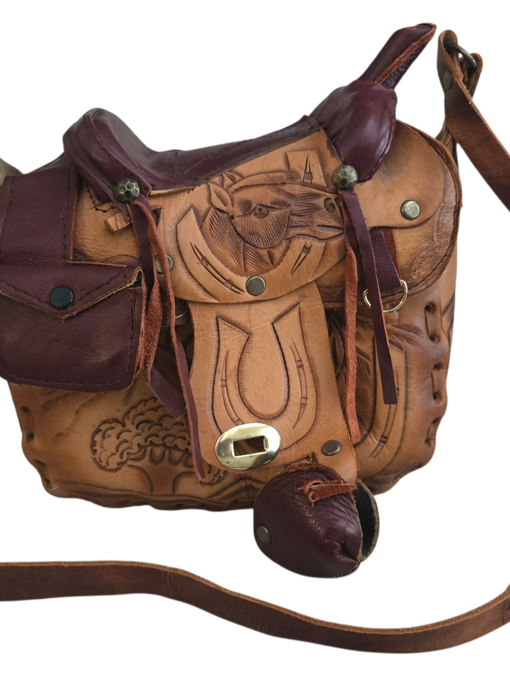 Hand-Tooled Leather Crossbody Bag in Tan and Burgundy - Picture 1 of 4
